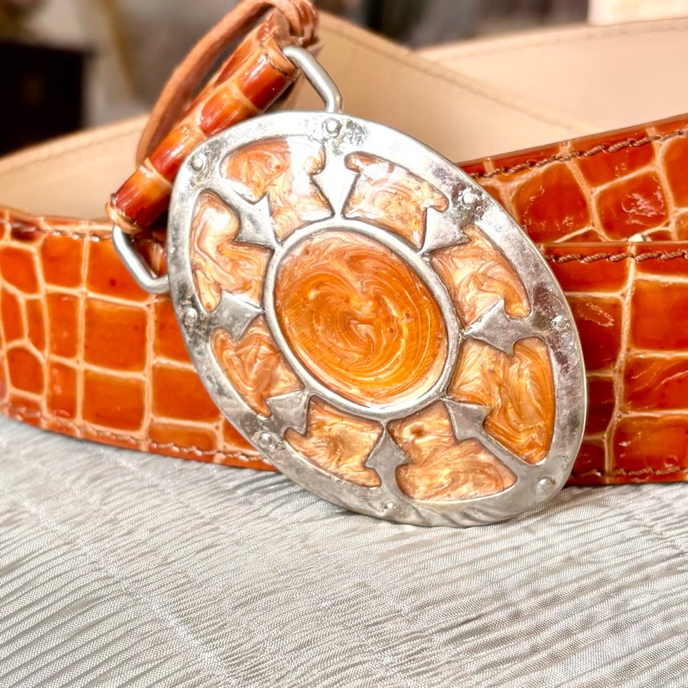 Genuine Leather Rust Garuglieri Italian Made Crocodile Pattern Embossed Belt-MED - Picture 2 of 12